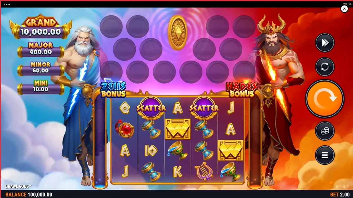 Tampilan visual slot Brawl Gods dengan tema pertarungan Zeus dan Hades